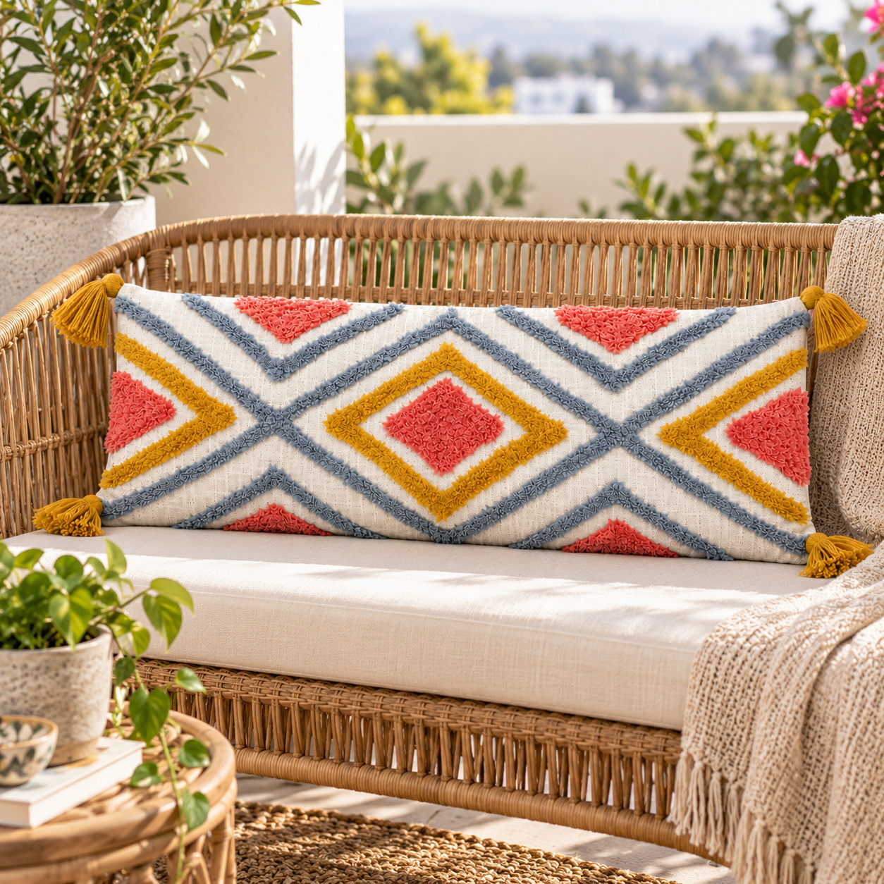 Tribal tufted diamond lumbar cushion cover with tassels on outdoor rattan bench