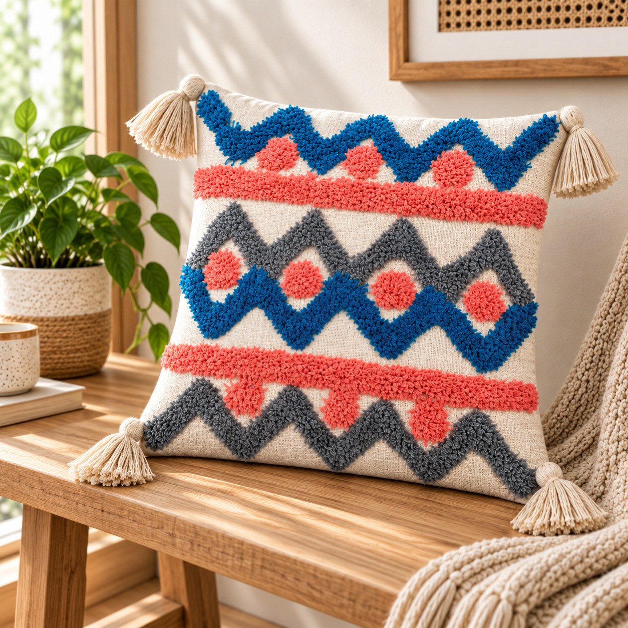 Tufted chevron cushion cover 16x16 inch with blue coral grey pattern on wooden bench