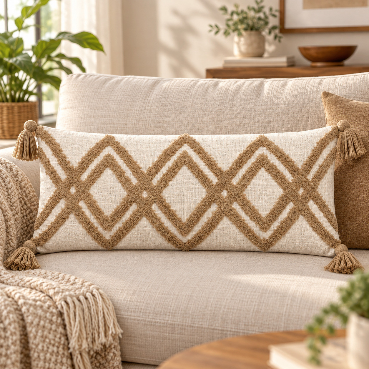 Tufted diamond lumbar cushion cover 14x36 inch with tan tassels on beige sofa