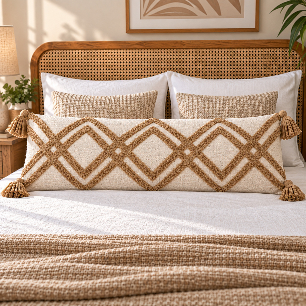 Tufted diamond lumbar cushion cover with tassels on bed with rattan headboard