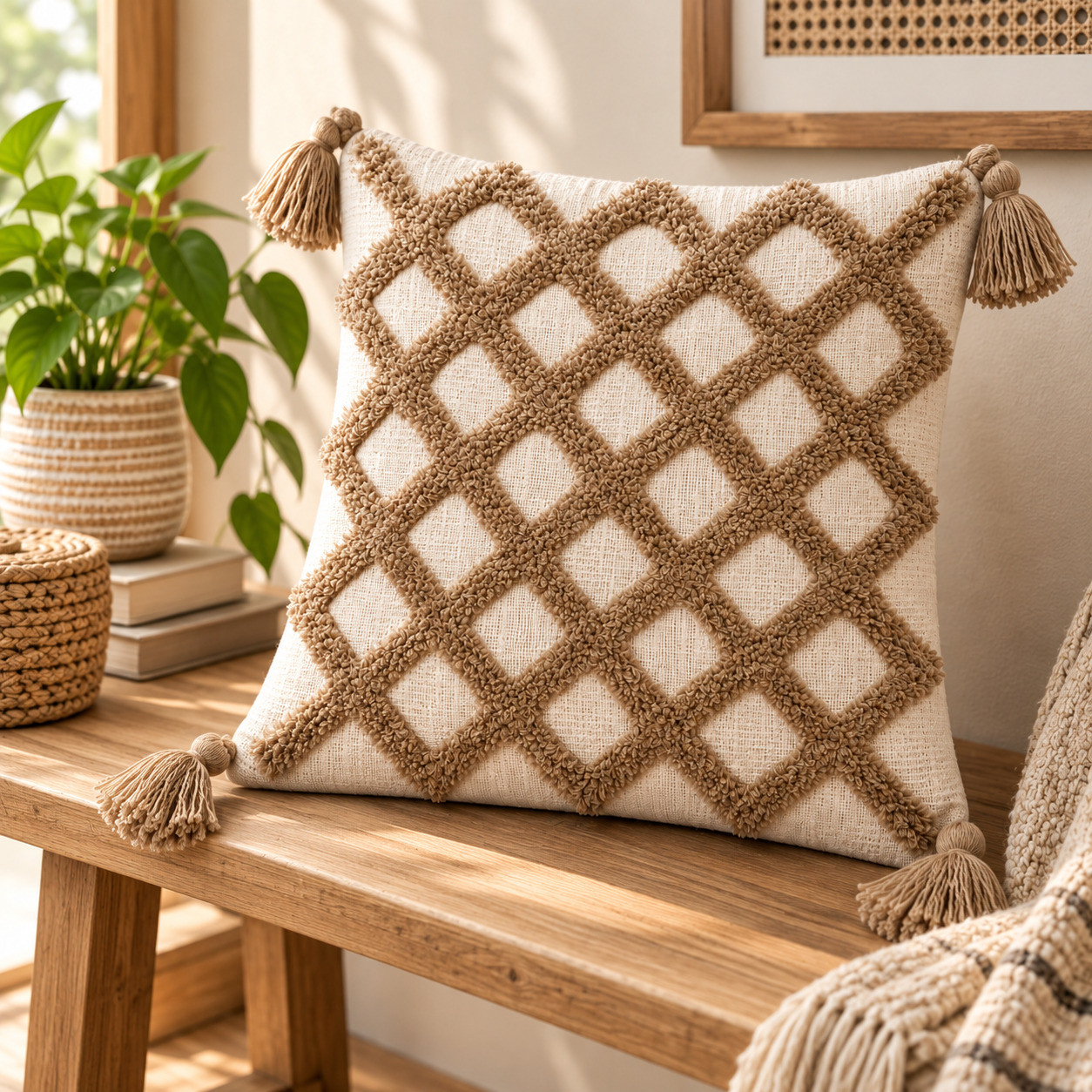 Tufted diamond pattern cushion cover 16x16 inch with corner tassels on wooden bench