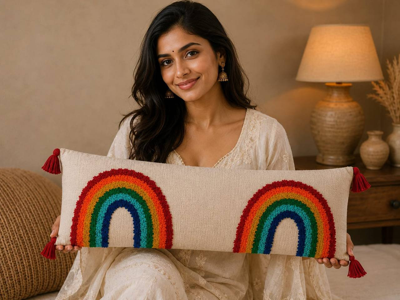 Woman holding double rainbow tufted lumbar cushion cover with red tassels