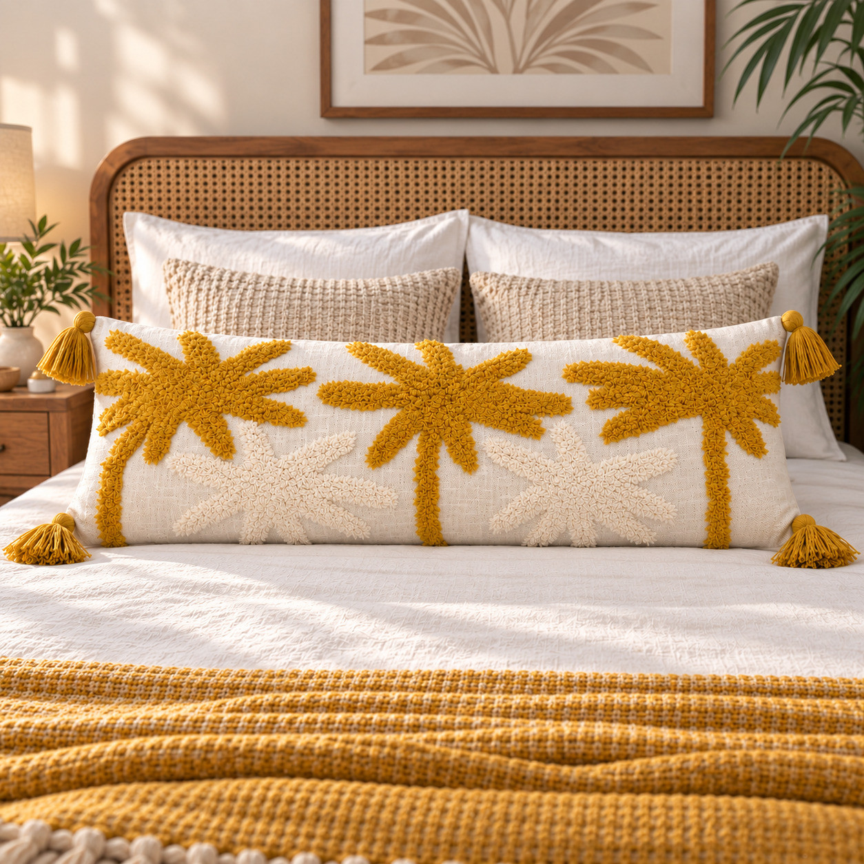 Tufted palm tree lumbar cushion cover with mustard tassels on bed with rattan headboard