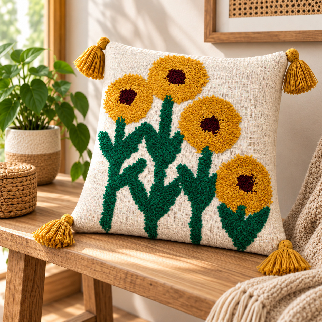 Tufted sunflower cushion cover 16x16 inch with tassels on wooden bench