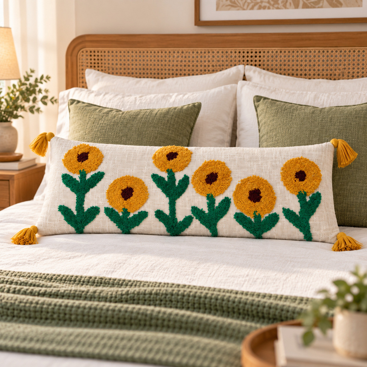 Tufted sunflower lumbar cushion cover on bed with rattan headboard and green cushions