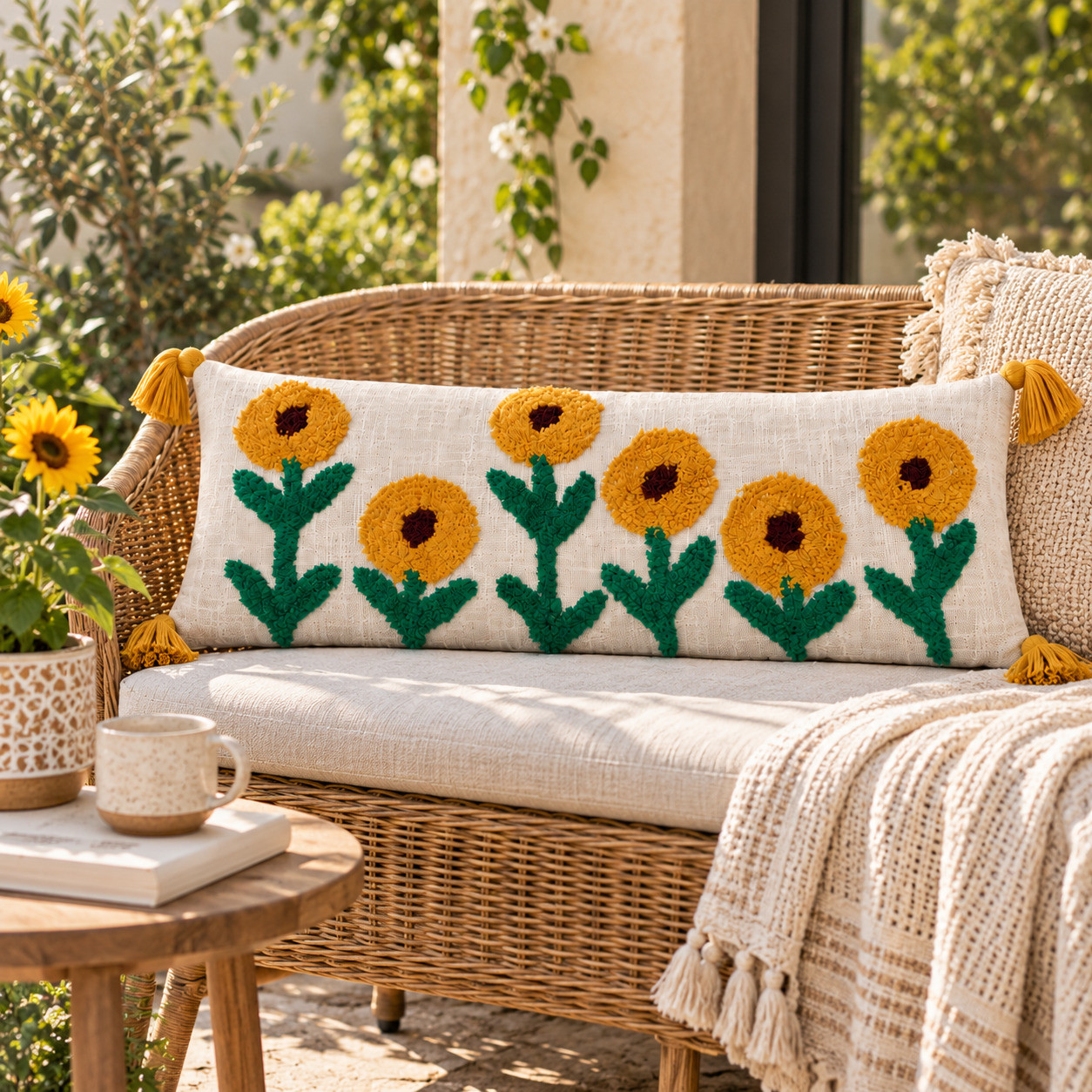Tufted sunflower lumbar cushion cover with tassels on outdoor rattan bench