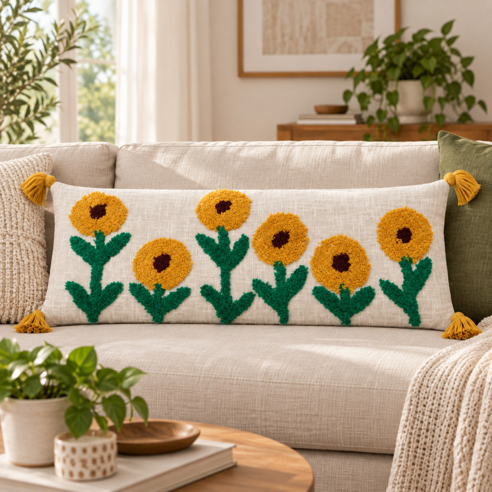 Image of Tufted Sunflower Lumbar Cushion Cover | Boho Tassel Trim 14x36