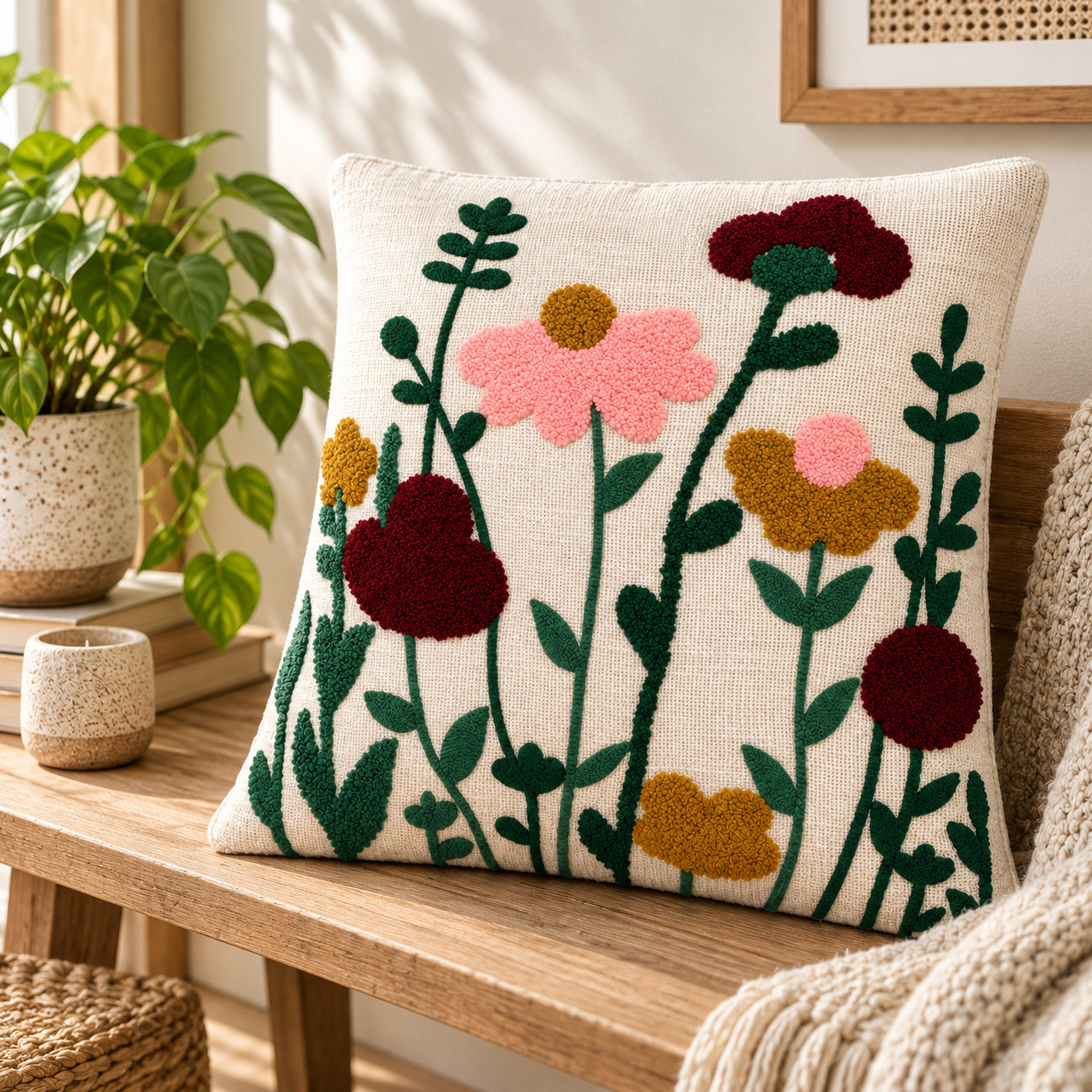 Tufted wildflower cushion cover 16x16 inch with pink maroon mustard blooms on wooden bench