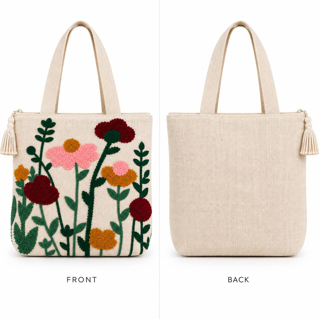 Wildflower embroidered tote bag front view with floral design and plain back view side by side