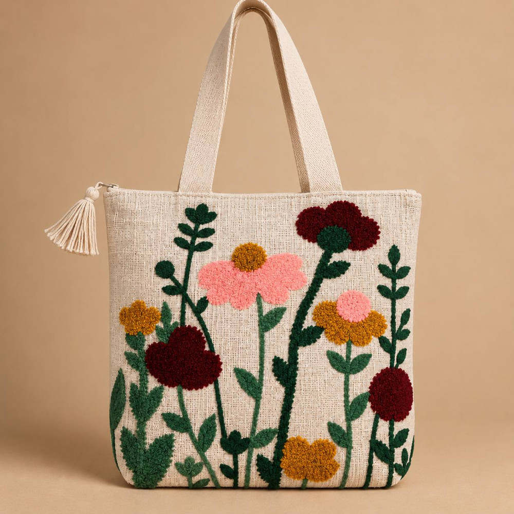 Image of Wildflower Garden Punch-Needle Embroidered Tote Bag – Floral Canvas Shoulder Bag