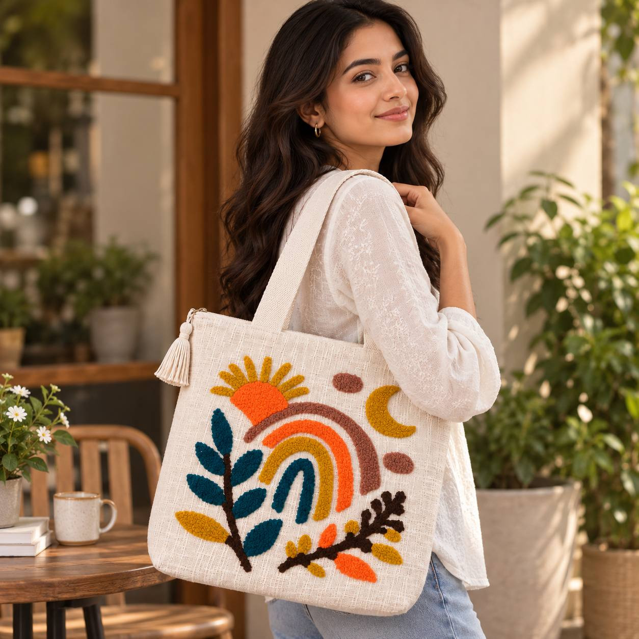 Woman carrying boho sun moon rainbow embroidered tote bag on shoulder outdoors