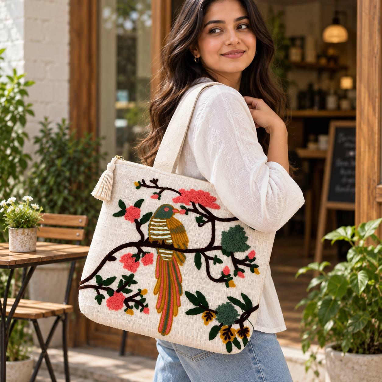 Woman carrying chinoiserie bird embroidered tote bag on shoulder outside a caf