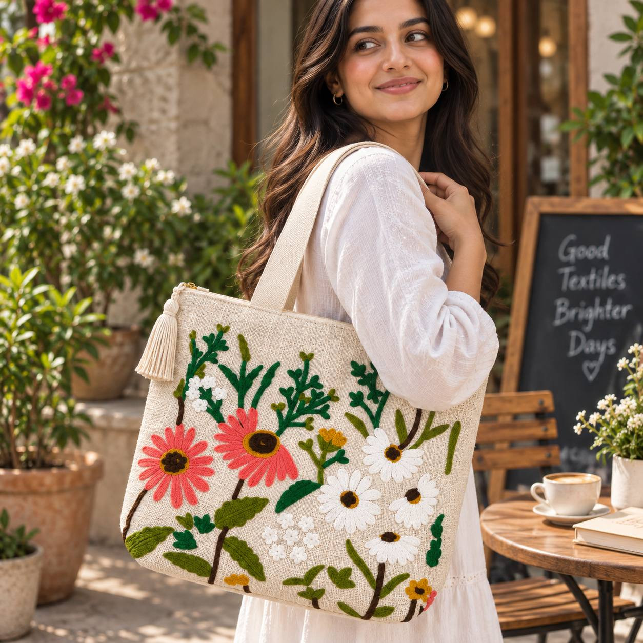 Woman carrying daisy garden chain-stitch embroidered tote bag on shoulder outside a caf