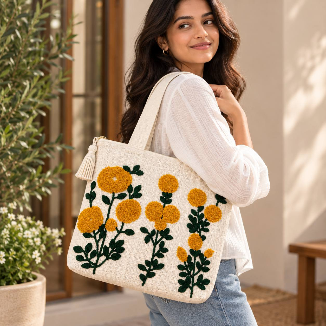 Woman carrying marigold embroidered tote bag on shoulder outdoors