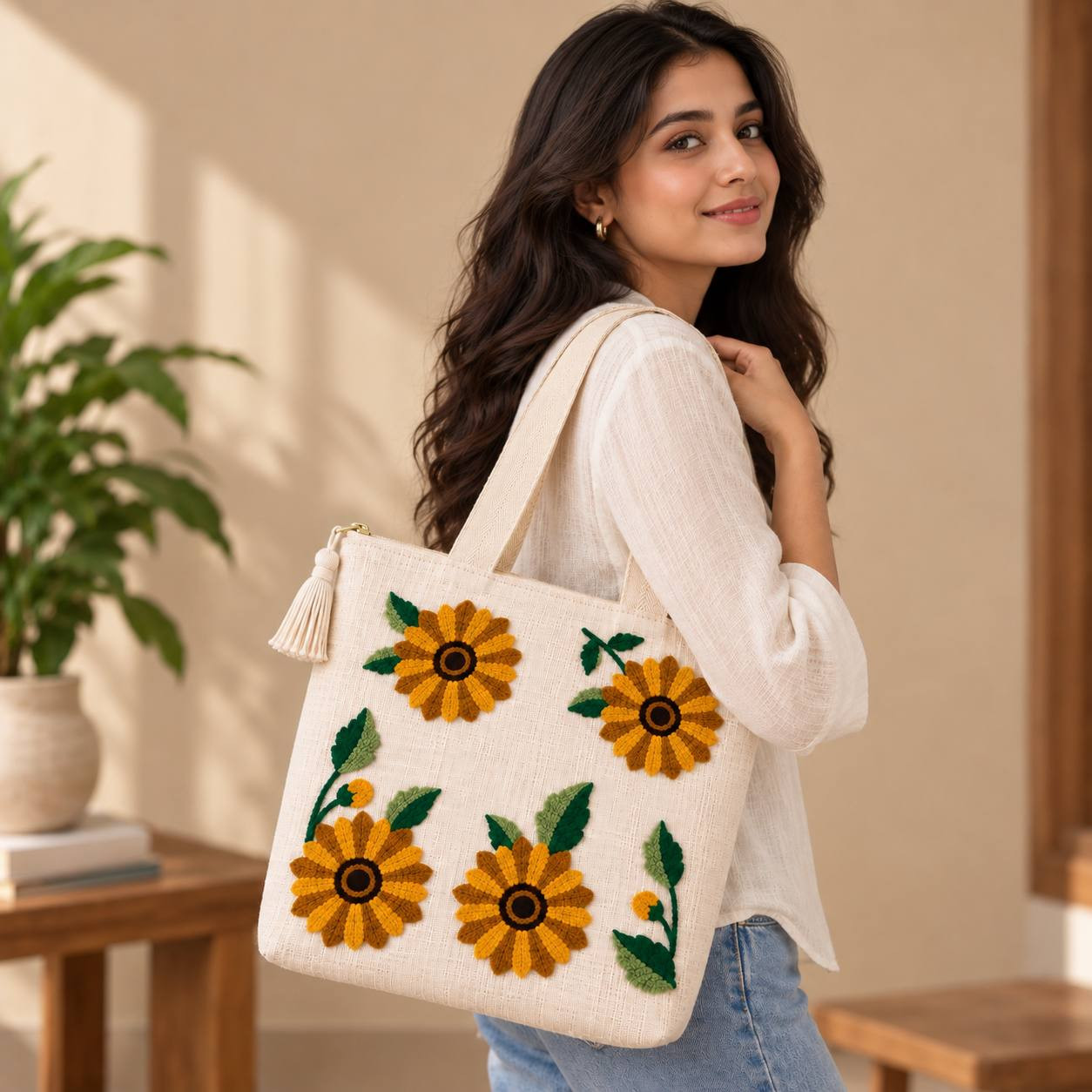 Woman carrying sunflower punch-needle embroidered canvas tote bag on shoulder