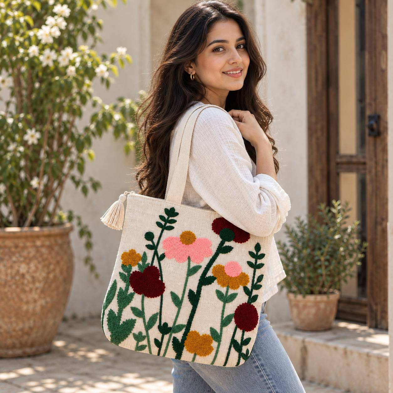 Woman carrying wildflower embroidered tote bag on shoulder outdoors