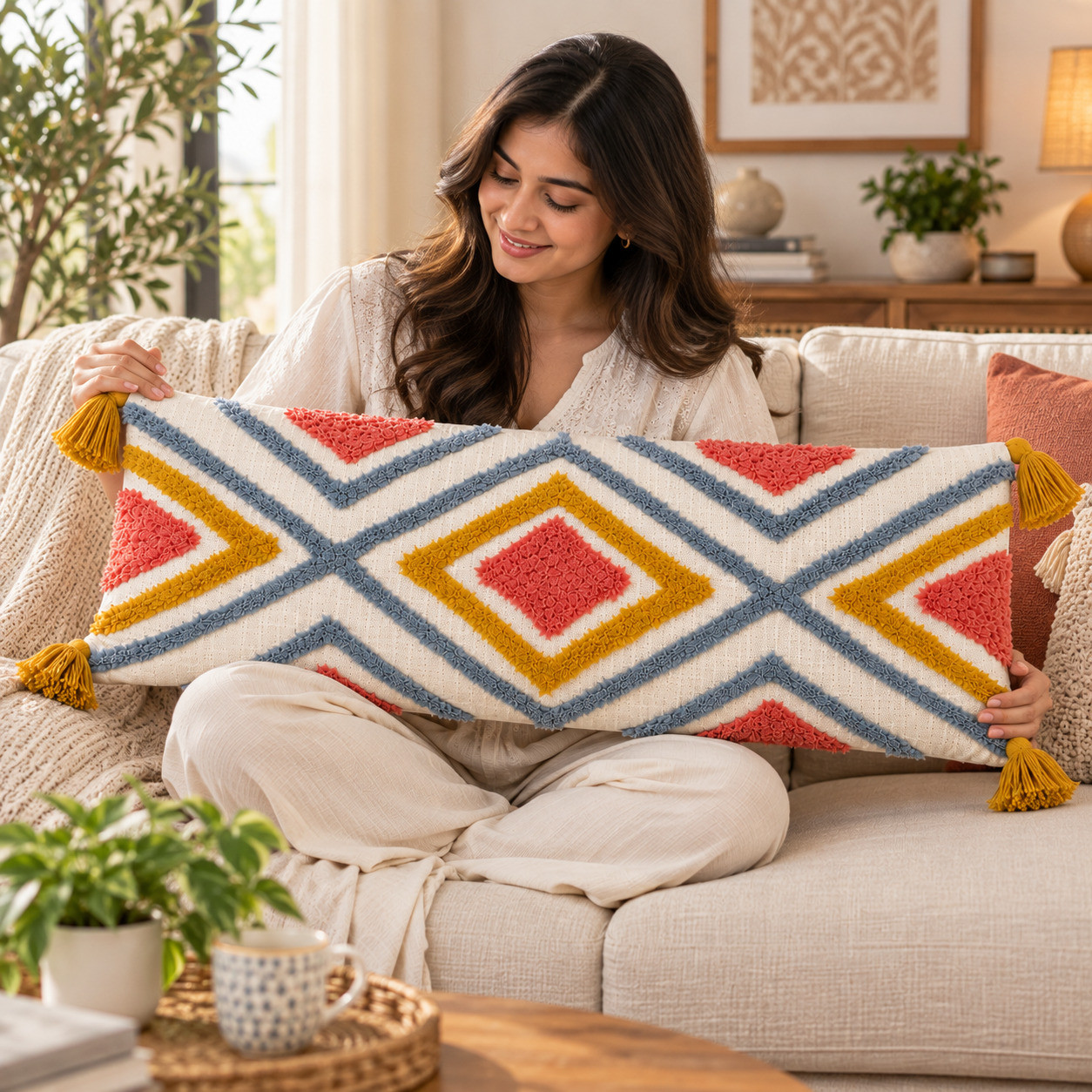 Woman holding coral mustard tufted tribal diamond lumbar cushion cover on sofa