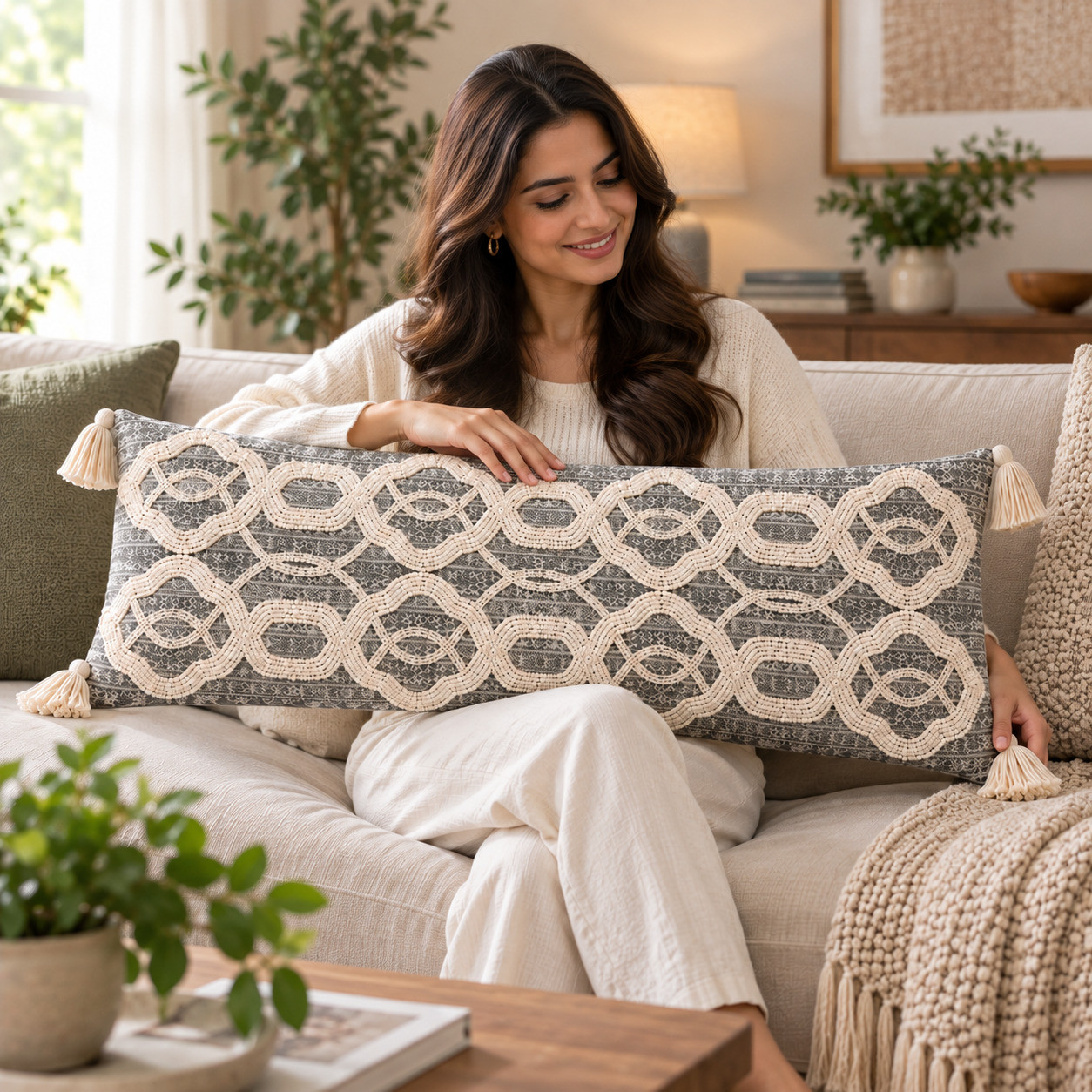 Woman holding gray ivory beaded trellis lumbar cushion cover on sofa