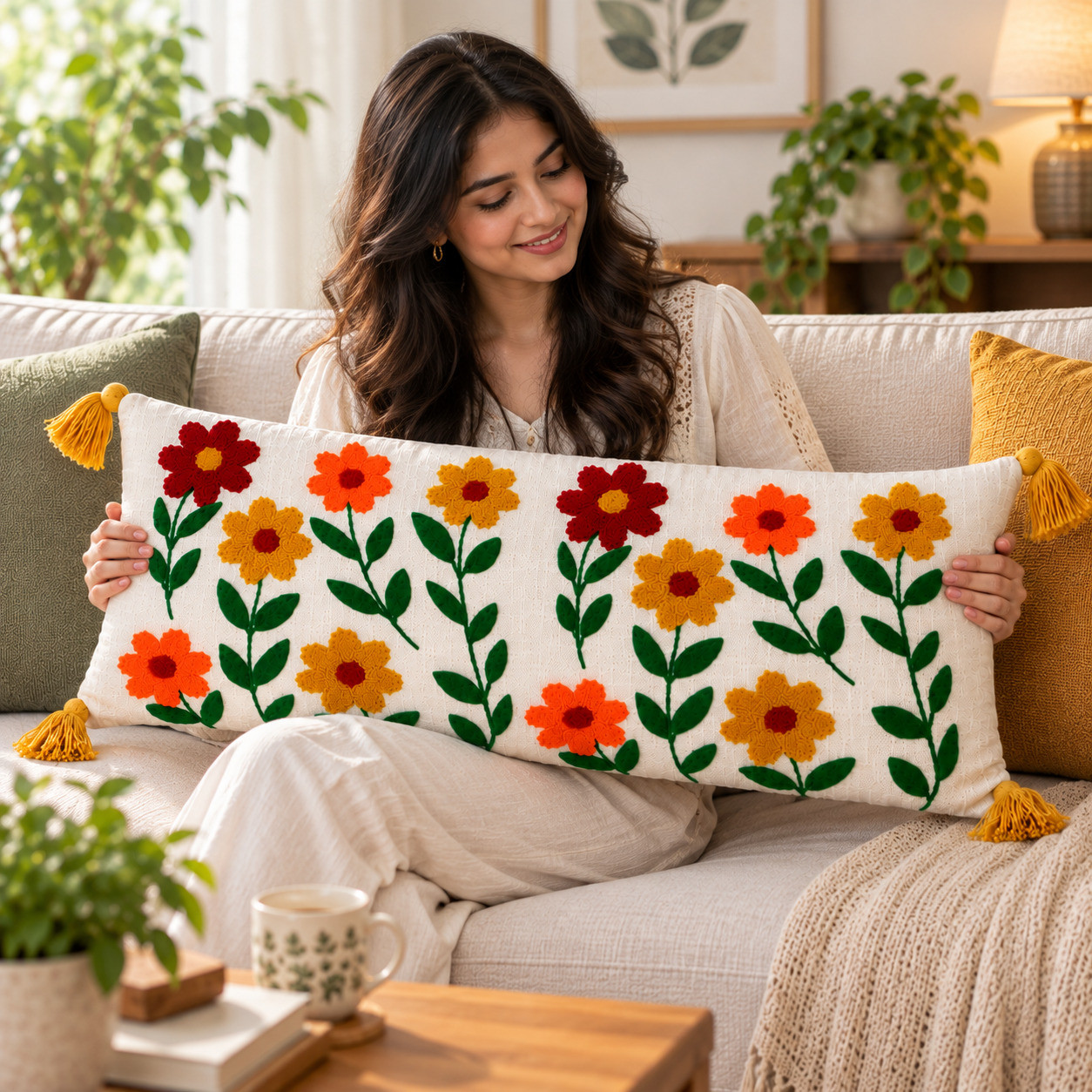 Woman holding multicolor embroidered daisy lumbar cushion cover with mustard tassels on sofa
