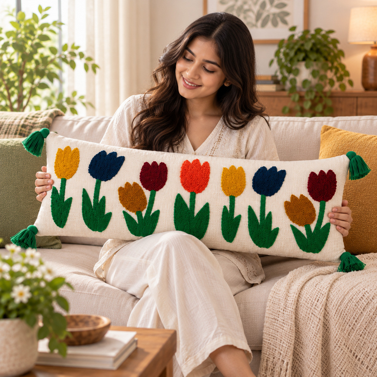 Woman holding multicolor embroidered tulip lumbar cushion cover with green tassels on sofa