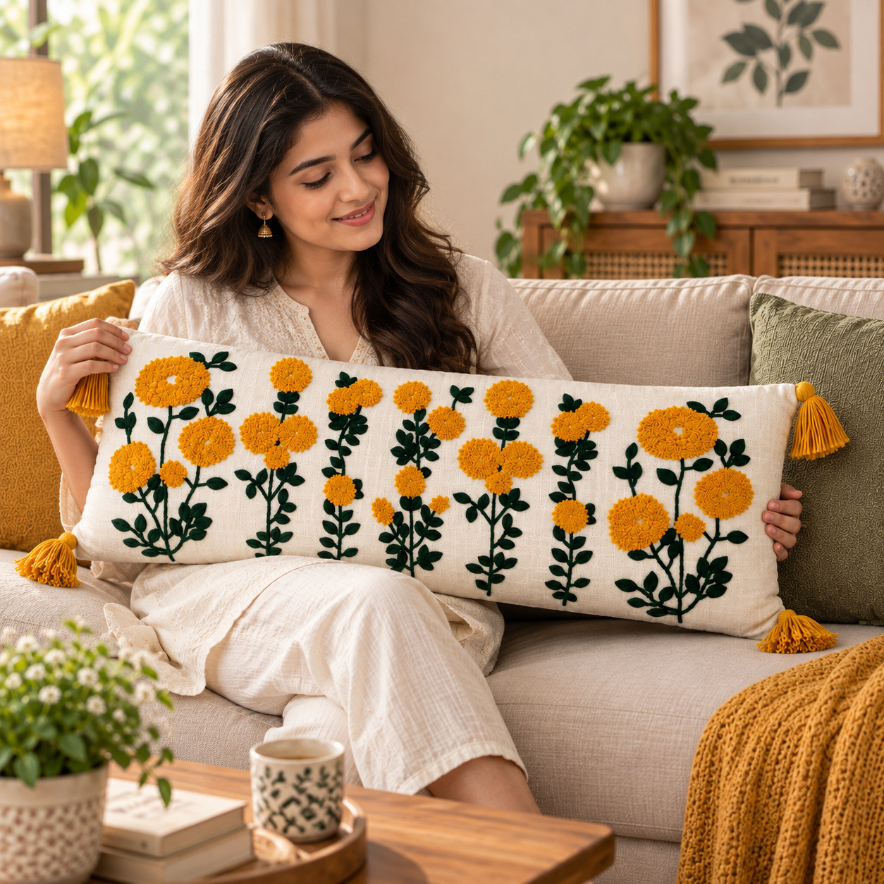 Woman holding mustard embroidered marigold lumbar cushion cover with tassels on sofa