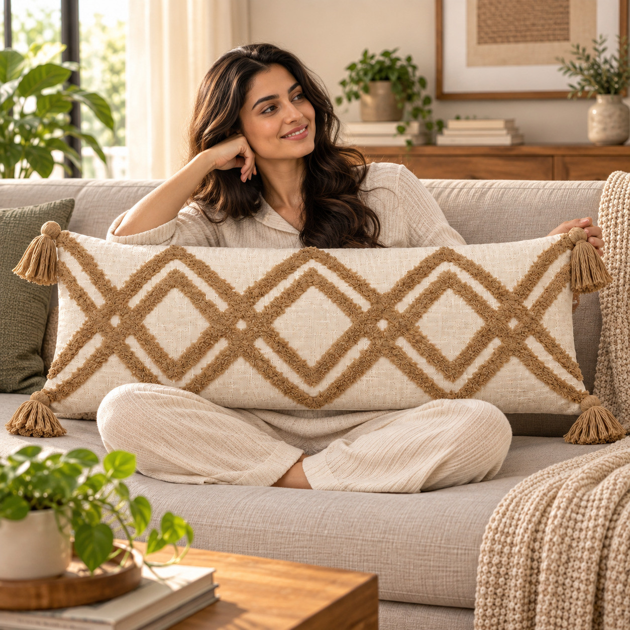 Woman holding tufted diamond lumbar cushion cover with tassels on beige sofa