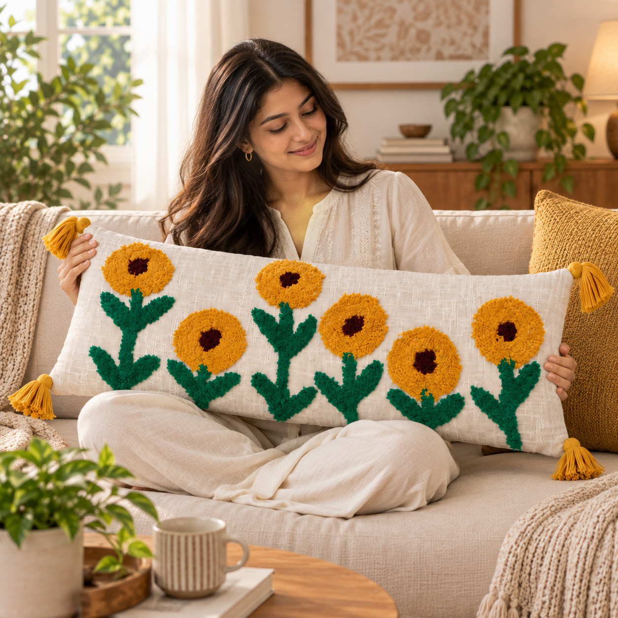 Woman holding tufted sunflower lumbar cushion cover with mustard tassels on sofa