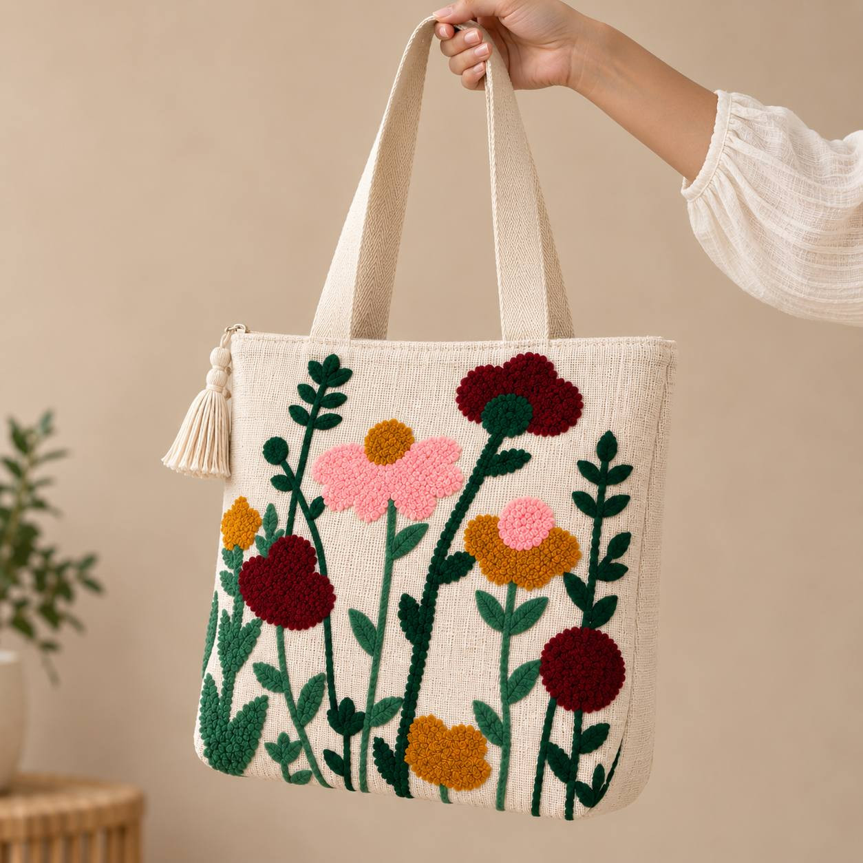 Woman holding wildflower punch-needle embroidered canvas tote bag by the handle