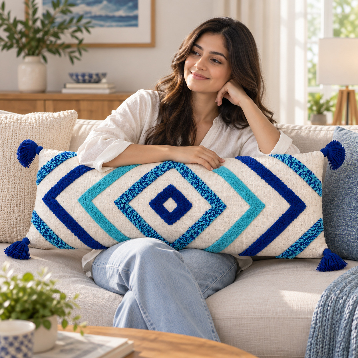 Woman resting on blue tufted diamond lumbar cushion cover with navy tassels on sofa
