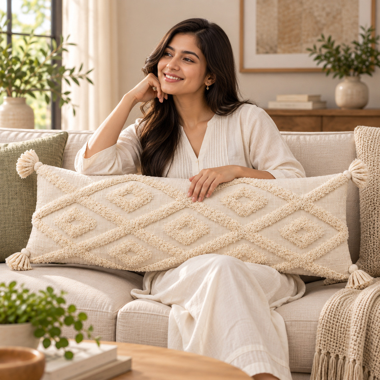 Woman resting on ivory tufted diamond lumbar cushion cover with tassels on sofa