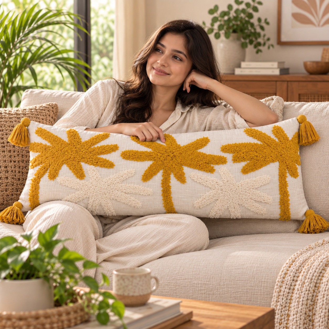 Woman resting on tufted palm tree lumbar cushion cover with tassels on sofa