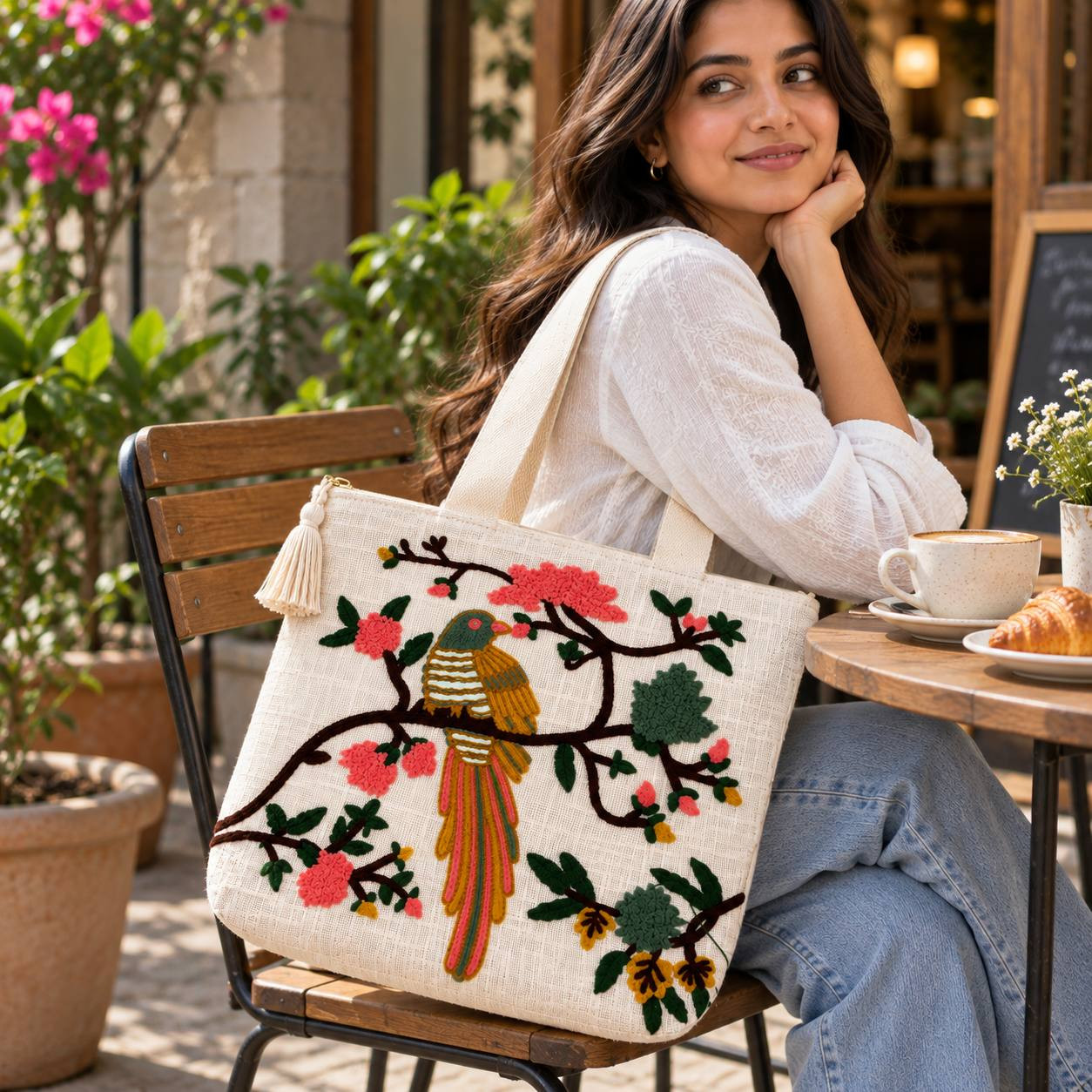 Woman sitting at caf table with bird and blossom punch-needle embroidered tote bag on shoulder