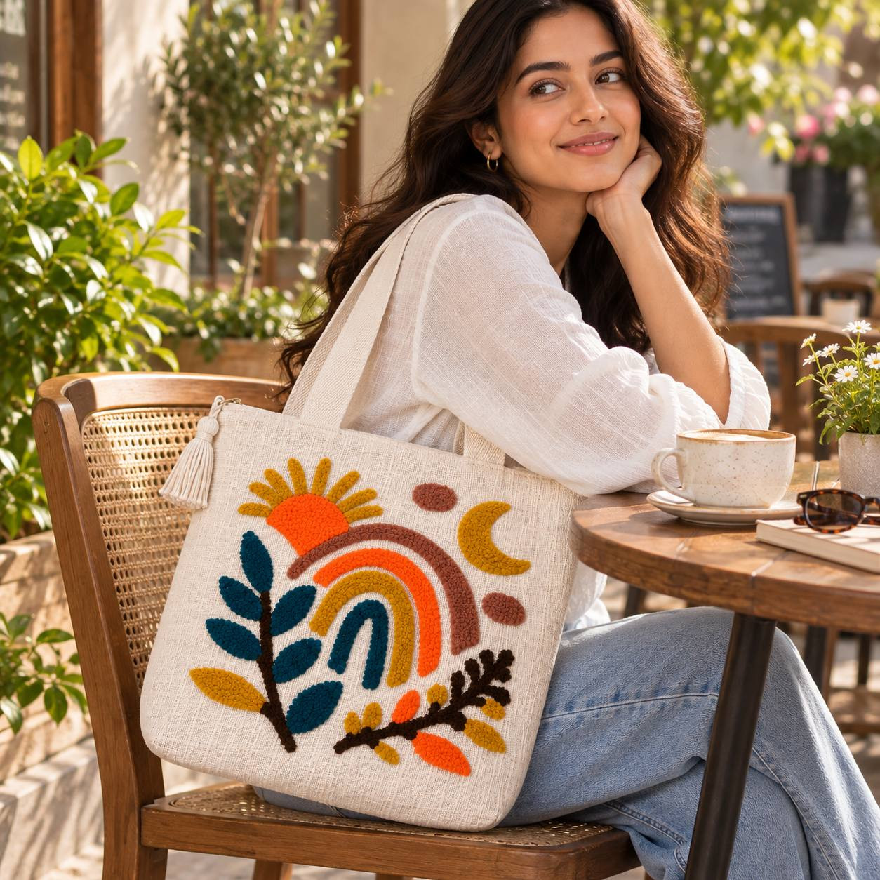 Woman sitting at caf table with boho punch-needle embroidered rainbow tote bag on shoulder