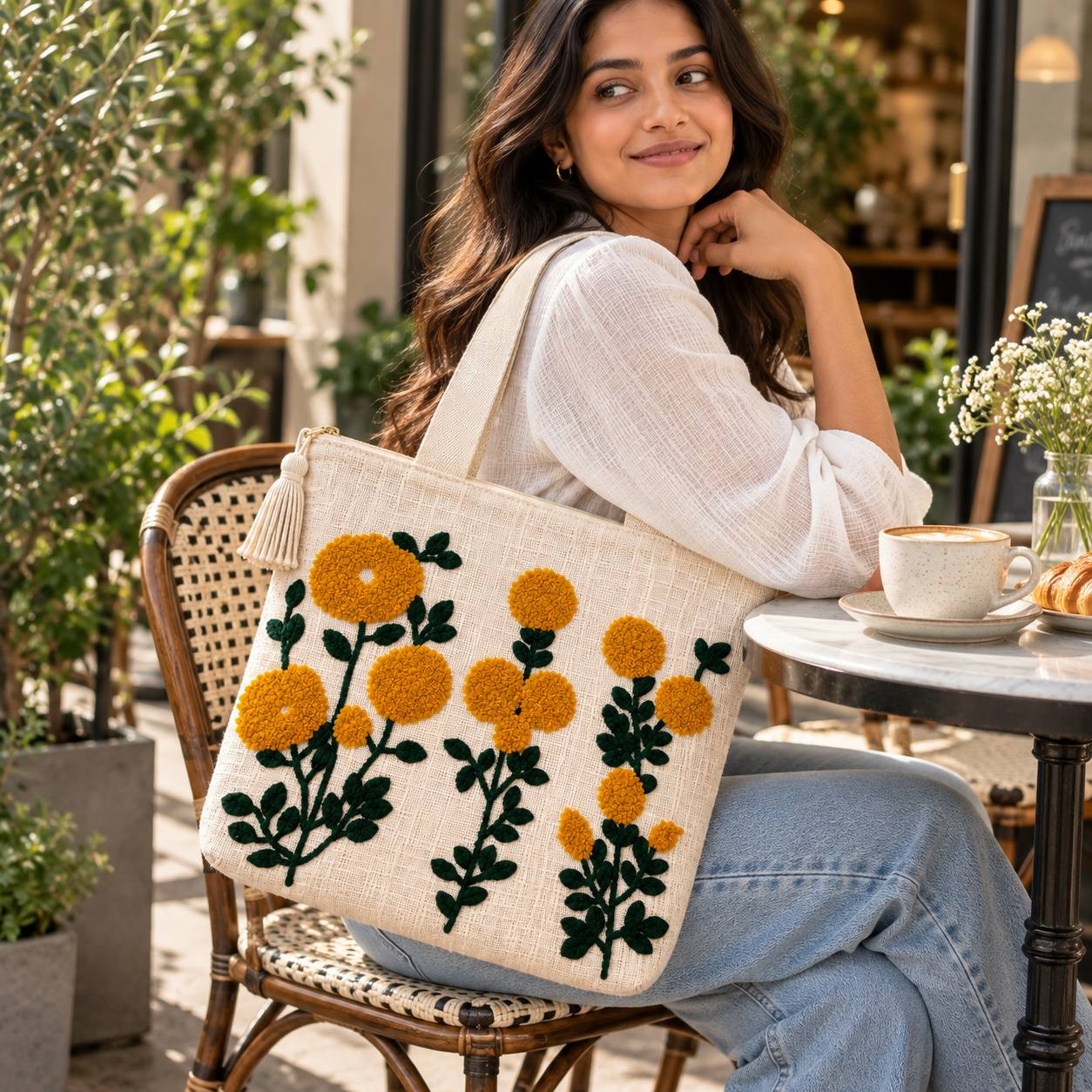 Woman sitting at caf table with marigold punch-needle embroidered tote bag on shoulder