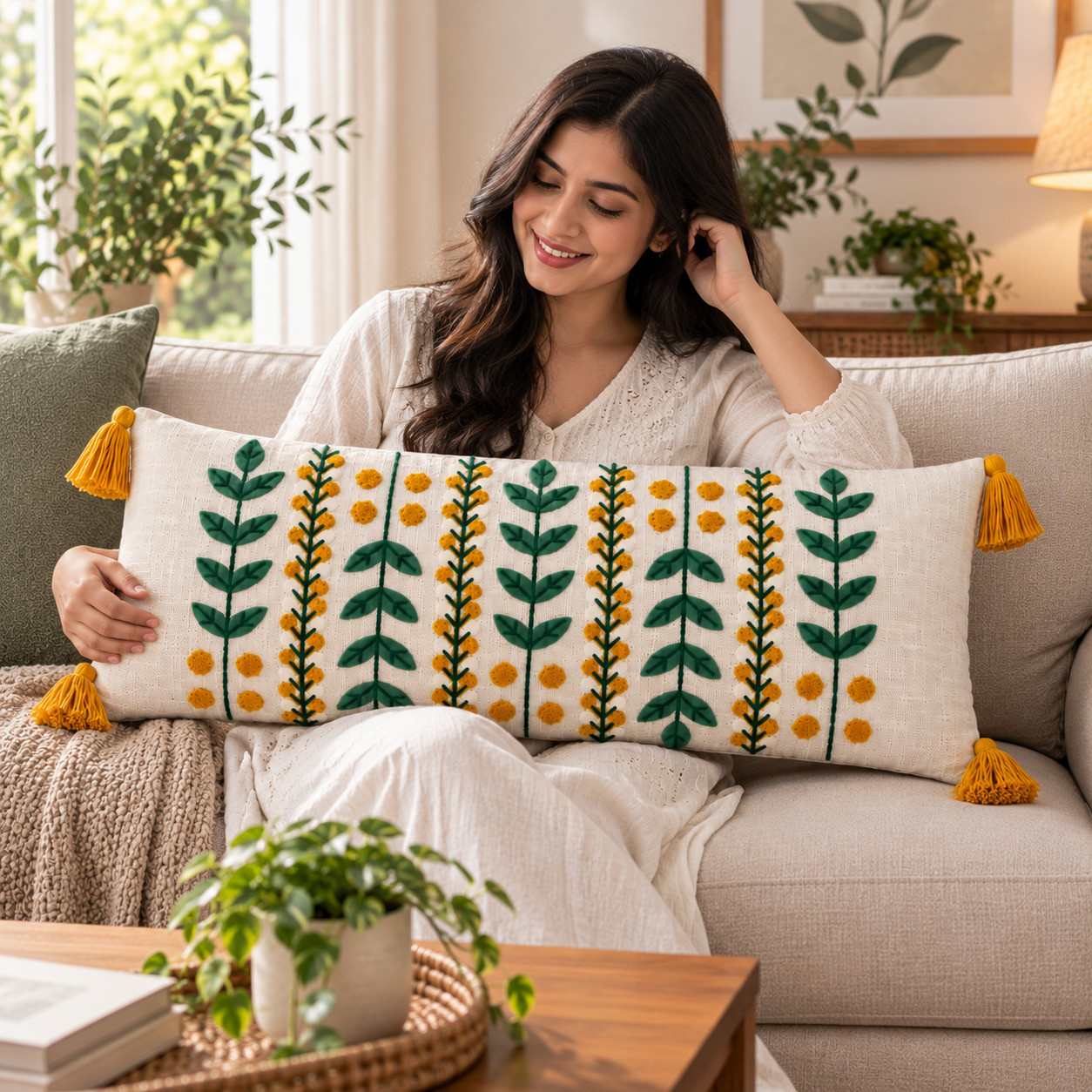 Woman sitting on beige sofa holding mustard floral embroidered lumbar cushion cover with tassels
