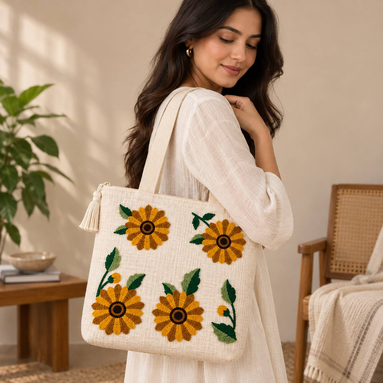 Woman wearing sunflower embroidered tote bag on shoulder in home setting