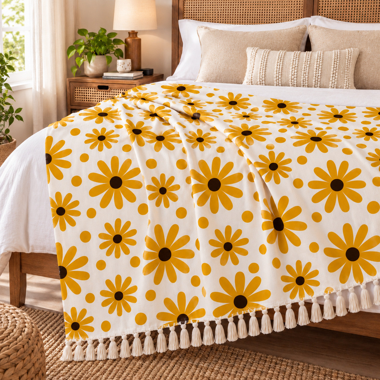 Yellow daisy floral cotton sofa throw draped on rattan bed with tasseled edge