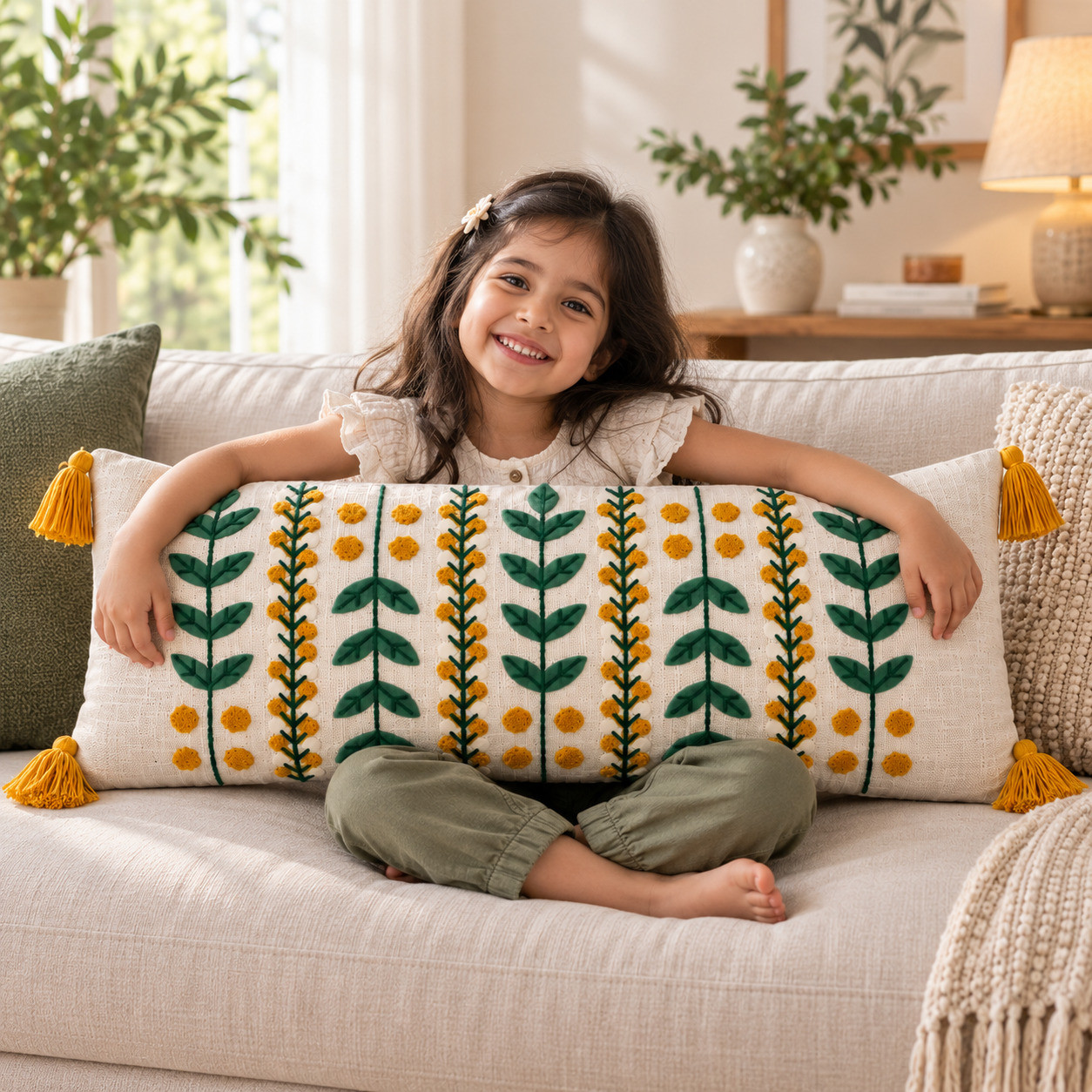Young girl hugging 14x36 embroidered lumbar cushion cover with green leaf and mustard floral design