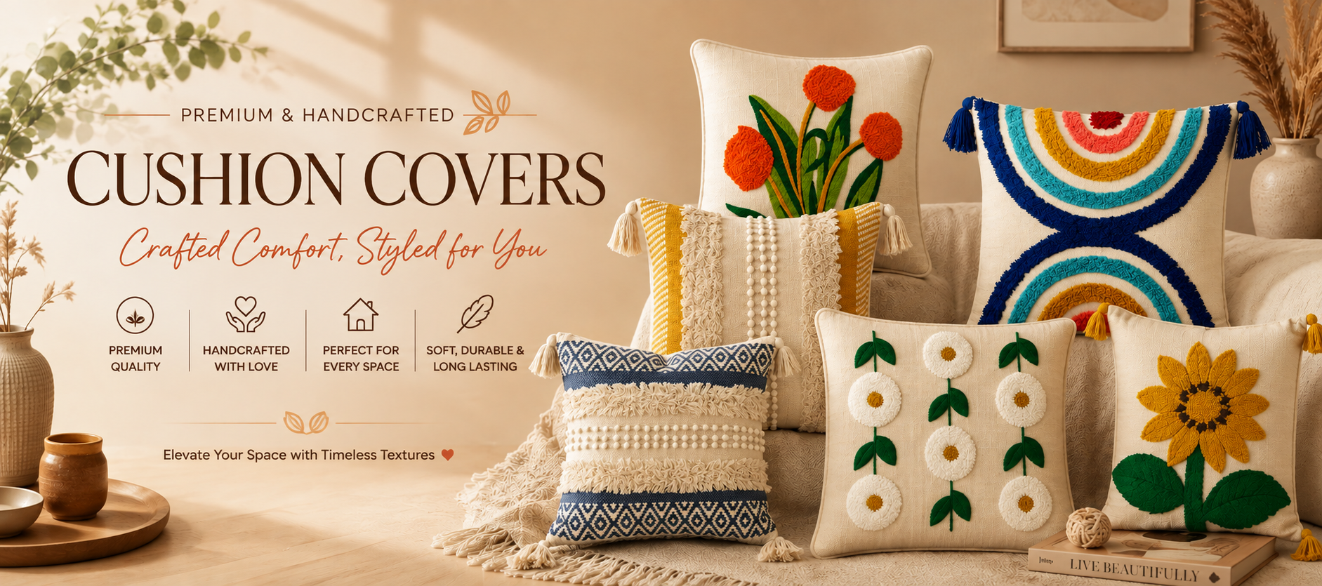 Premium handcrafted cushion covers collection with modern embroidered and tufted decorative cushion covers for home décor.