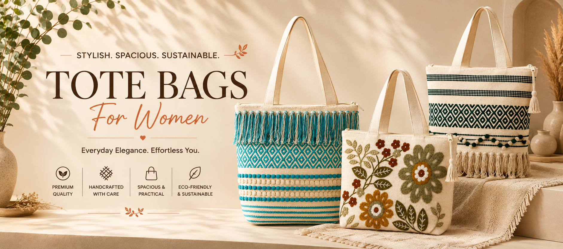 Premium handcrafted tote bags for women featuring embroidered and woven designs for everyday style and sustainable fashion.