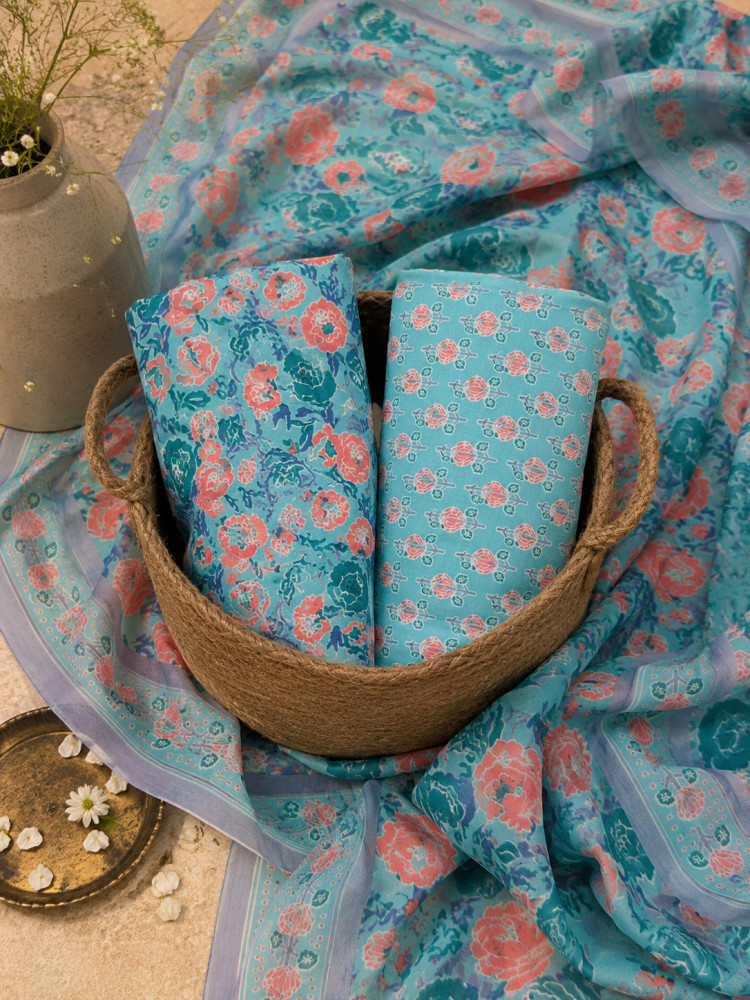 Image of Sea Blue Floral 3Pc Suit Set
