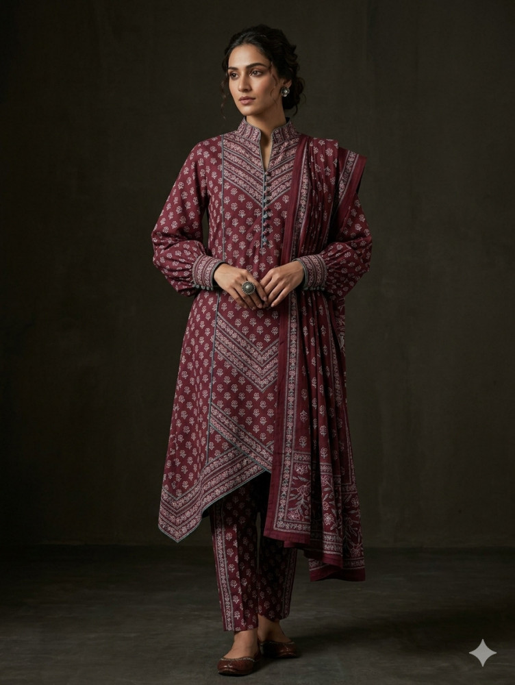 Image of Deep Wine Floral Buti Printed 3Pc Suit Set