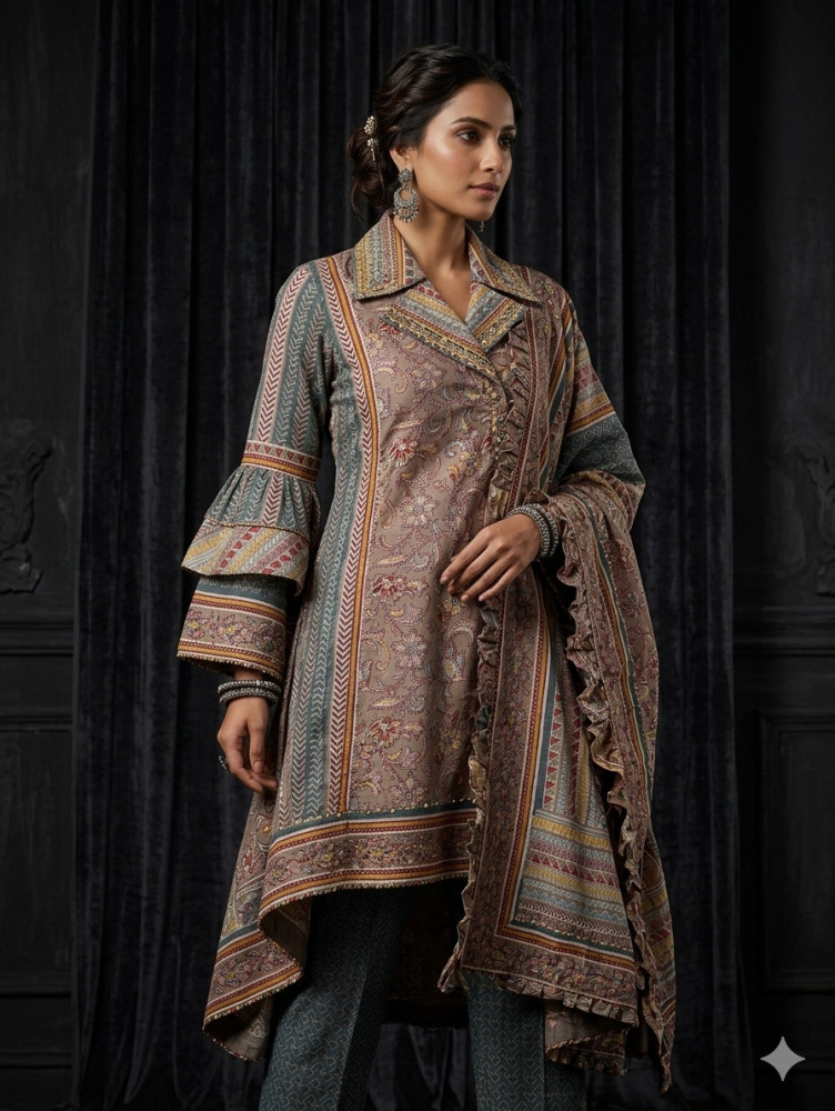 Image of Mauve Floral Buti With Stripe Printed 3Pc Suit Set