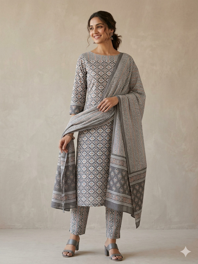 Image of Mauve-Grey Floral Buti With Stripe Printed 3Pc Suit Set