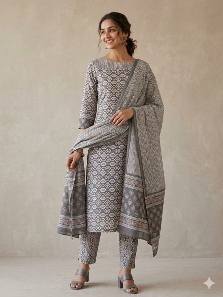 Mauve-Grey Floral Buti With Stripe Printed 3Pc Suit Set