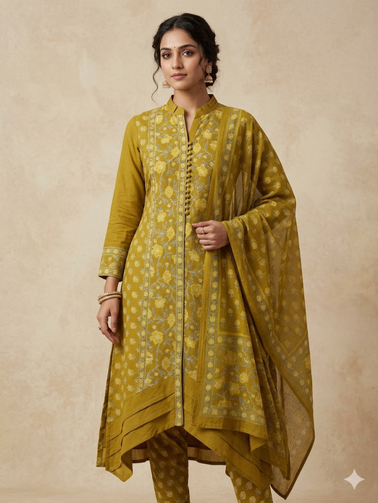 Image of Mustard Yellow Floral Buti Printed 3Pc Suit Set