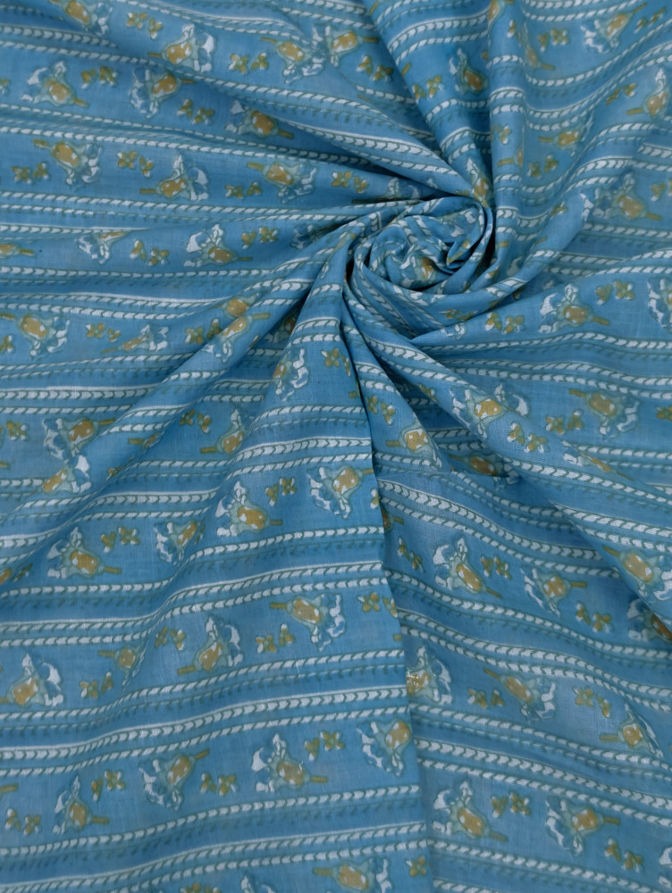 Image of Blue Floral Stripe Cotton Fabric