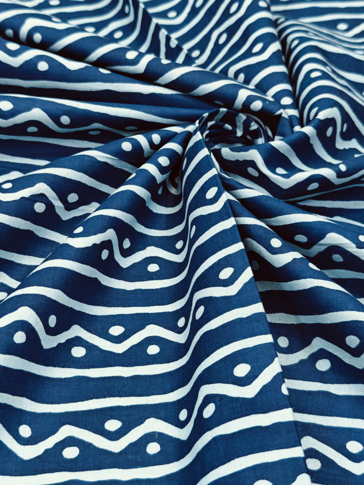 Image of Indigo ZigZag Pattern Stripe Cotton Fabric