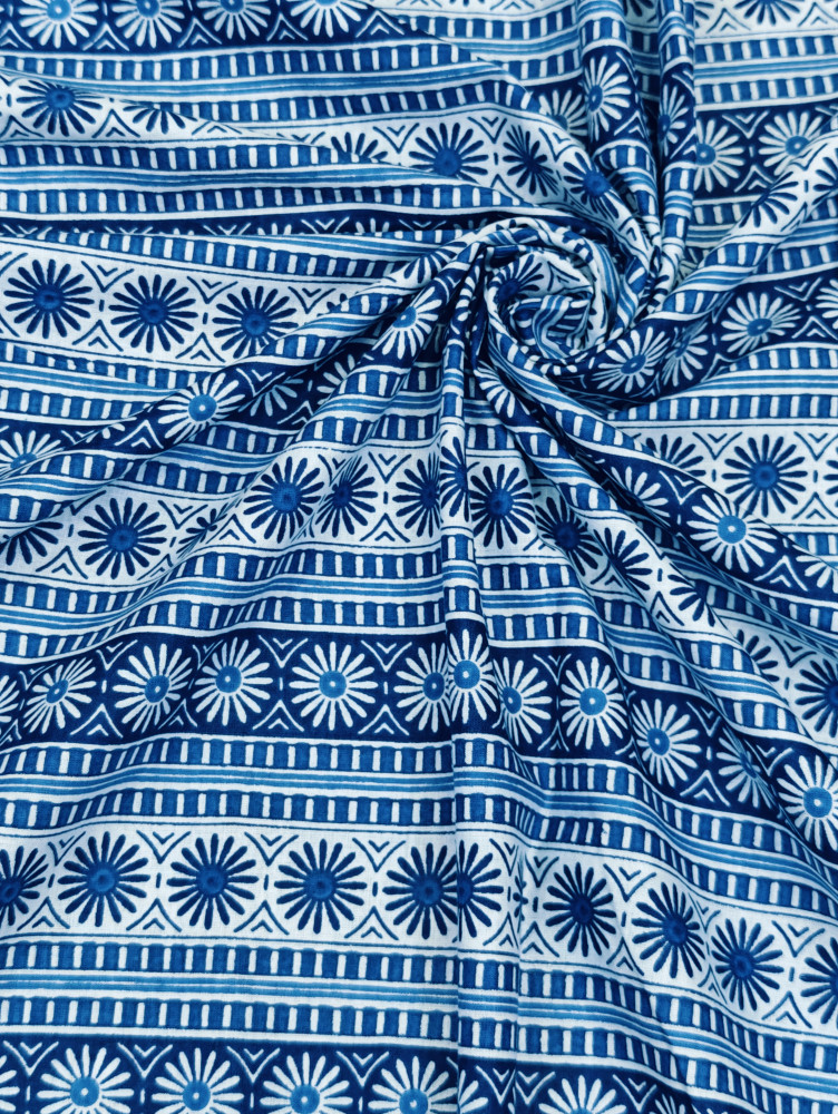 Image of Indigo Floral Wheel Block-Print Cotton Fabric