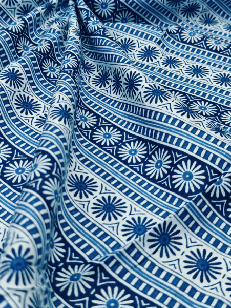 Indigo Floral Wheel Block-Print Cotton Fabric